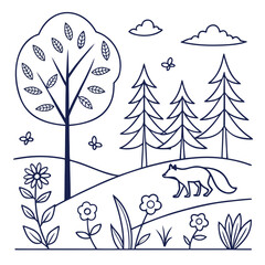 Hand drawn landscape with trees, flowers, grass, fox, butterflies and clouds vector illustration of a forest scene with a fox, trees, flowers and grass