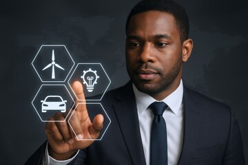 African American businessman interacts with a digital interface displaying renewable energy and green transportation icons