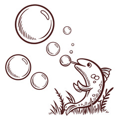 A charming handdrawn illustration of a fish blowing bubbles, creating a whimsical and playful scene, the bubbles float gently in the air, adding a touch of magic