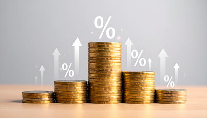 Investment growth and savings increase concept with coins, percentage icon, and upward financial arrows.