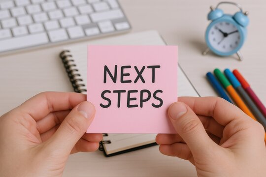 Next Steps Message on Pink Note, Business Strategy Concept with Alarm Clock and Keyboard