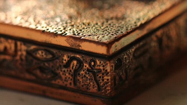 A close-up shot of a metal box on a table, with details visible