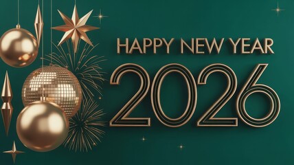 Bronze-Gold 2026 with Geometric Baubles and Fireworks on Emerald Green for Modern New Year’s Card