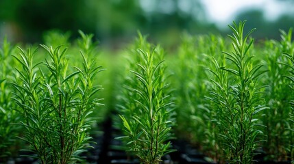 Rosemary Herb Seedlings Growing in a Nursery Environment, Close-Up on Fresh Greenery in Selective Focus