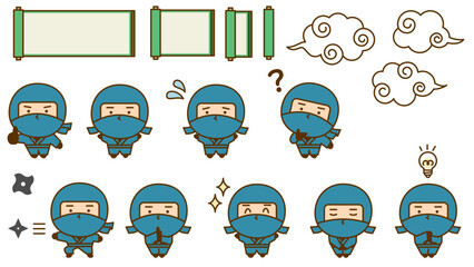 色々なポーズのかわいい忍者のキャラクターイラストセット。　シンプルで親しみやすい和風のゆるキャラ