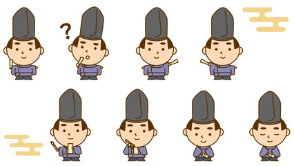 お辞儀や疑問のポーズをしている平安時代の貴族の男性イラストセット。　かわいい和風キャラクター素材