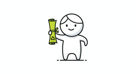 Cute cartoon character holding a green scroll with a recycling symbol.