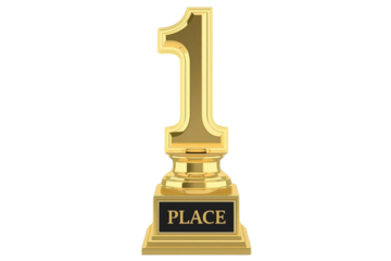 Golden trophy with number one and 'Place' label, isolated on transparent cutout background, cut out, png