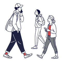 Illustration of three people walking and using their phones, showcasing modern urban lifestyle and connectivity