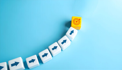 Leadership and strategic vision symbolized by arrow cubes pointing to a yellow target cube on blue table.