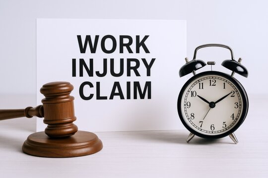 Workplace Accident Claim Concept: Gavel, Clock and Injury Claim Sign on Desk, Legal Compensation