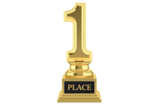 Golden trophy with number one and 'Place' label, isolated on transparent cutout background, cut out, png
