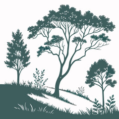 Silhouette of a serene landscape featuring various trees and plants on a gentle slope, , creating a peaceful and natural scene with a minimalist aesthetic