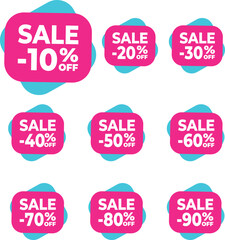 A set of vector discount stickers for printing and online stores. Flat pink and blue design with discount percentages of 10, 20, 30, 40, 50, 60, 70, 80, and 90%. Sale tags, price signs, special offer 
