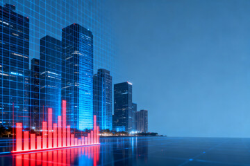 Modern city skyline with digital grid overlay