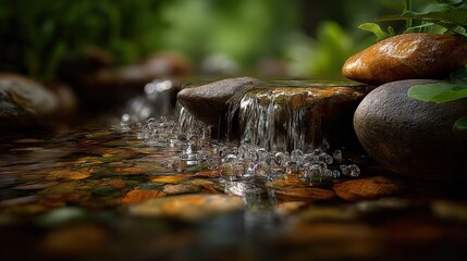 Serene Stream Flowing Over Rocks in a Lush Green Forest Environment, Creating a Tranquil Nature Scene