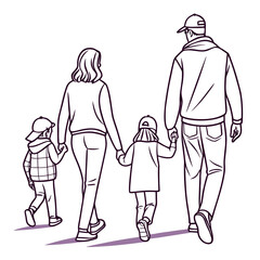A family of four walking away, the parents are holding hands with their two children, viewed from behind, suggesting a journey or adventure together