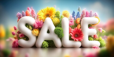 Floral spring sale advertisement with vivid blooming flowers and elegant white lettering, perfect for promotions