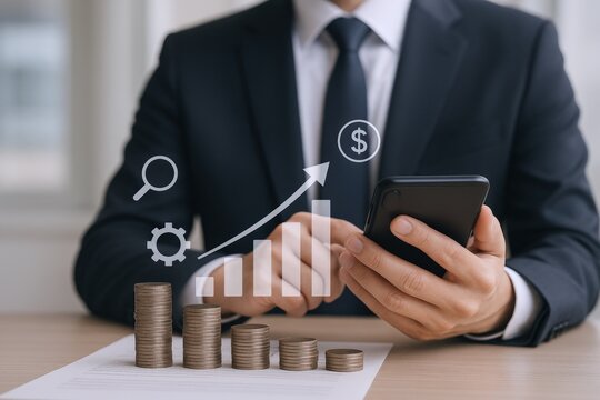 Financial Growth Strategy: Businessman Analyzing Investment Data and Market Trends on Smartphone for Business Success - Powered by Adobe