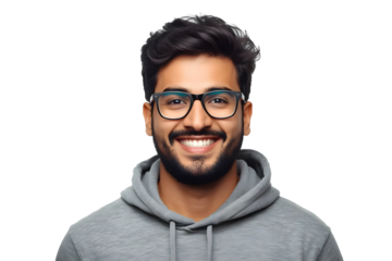 Smiling young Indian man wearing glasses, isolated on transparent cutout background, cut out, png