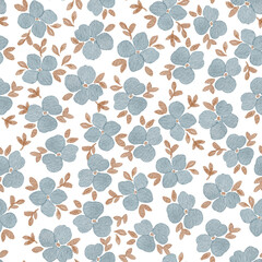 Seamless watercolor pattern with delicate blue flowers and beige leaves. Ideal for bedding, fabric, wallpaper, nursery decor, wrapping paper, and feminine textile design.