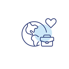 Earth, briefcase and heart. Global business, sustainable work and ethical enterprise. Pixel perfect, editable stroke vector icon