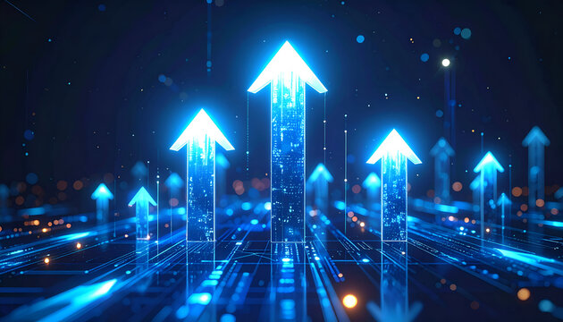Blue neon arrows moving upward on dark background, symbolizing business development, success, digital growth, and economic progress. - Powered by Adobe