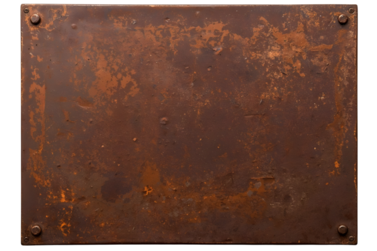 Weathered and rusty metal signboard, isolated on transparent cutout background, cut out, png