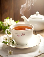Fototapeta premium Steaming cup of tea with a teapot and blossoms
