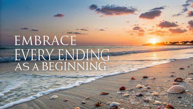 Embrace Every Ending as a Beginning Inspirational Quote at Sunset Over the Tranquil Beach Shoreline - Powered by Adobe