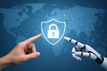 AI Cybersecurity Protection Concept: Human and Robot Hands Activating Digital Shield with Padlock Over World Map