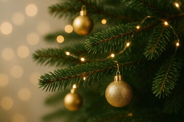 Obraz premium Festive Christmas Tree Decoration with Golden Baubles and Twinkling Lights for Holiday Celebrations