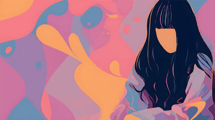 Abstract illustration of a woman with long hair against a colorful, wavy background.
