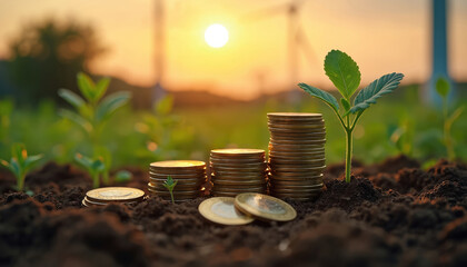 Stacks of gold coins on soil with young green plants growing. Wind turbine in background at sunset. Concept of sustainable finance, eco-friendly investment and renewable energy growth.