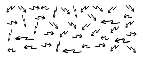 Collection of various hand-drawn arrows and squiggly lines on a white background. The arrows vary in size, thickness, and style, with some appearing as simple lines. Hand-drawn vector illustration.