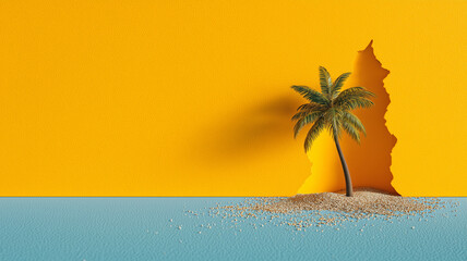 Palm tree against a yellow wall. Summer vacation concept poster. Graphic design background. Empty copy space. AI artwork. 