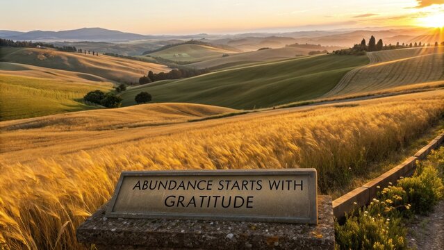 Inspirational Scenic Landscape of Golden Fields Under Sunrise with Gratitude Sign in Tuscany, Italy - Powered by Adobe