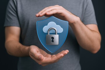 Cloud Security Concept: Man Protecting Digital Data With Shield and Padlock, Promoting Secure Hosting