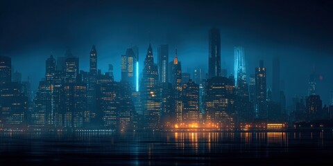 Futuristic cityscape at night with illuminated skyscrapers reflecting on water, creating a modern urban skyline