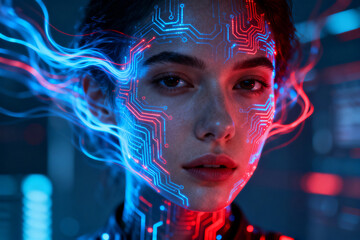 Cybernetic woman with glowing circuit patterns