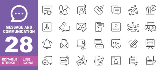 Message set of web icons in line style. Containing Lock, Alert, User, Letter, Bubble, Trash, Download, Megaphone, Cursor, Phone, Video, Network, Bell, Laptop, Clock, Pencil. Editable stroke icons