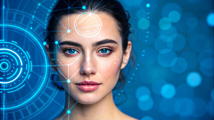Woman face with digital facial recognition technology and futuristic blue interface
