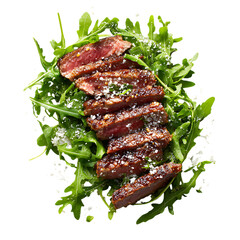 Sliced steak with arugula and parmesan cheese png