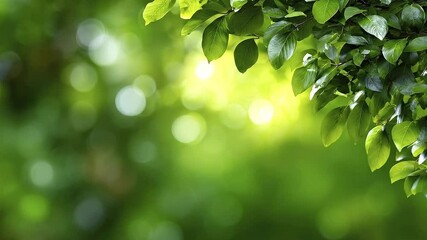 Green leaves and a bokeh background of green circular light spots create a vibrant natural scene - Powered by Adobe