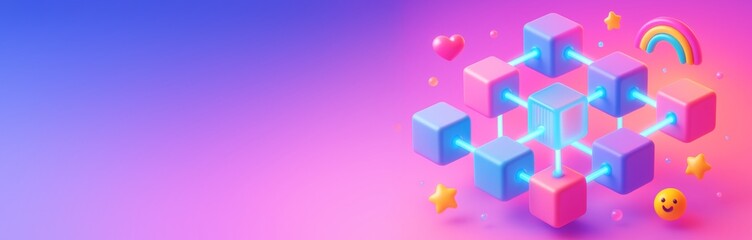Obraz premium Colorful blockchain cube network with smiley face, heart and rainbow on vibrant pink purple background with copyspace for creative banner design. Ai generative