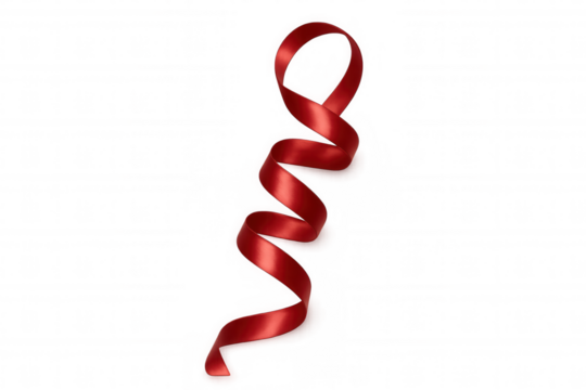 Red satin ribbon curling and twisting, creating a festive loop for gift wrapping and decoration, transparent background