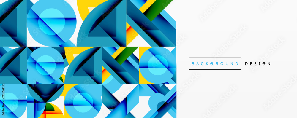 Poster abstract geometric pattern. blue, yellow shapes overlap creating modern design. clean aesthetic, sim