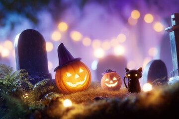 A frightening pumpkin in a cemetery in the Halloween style. Cartoon backgrounds for Halloween. 