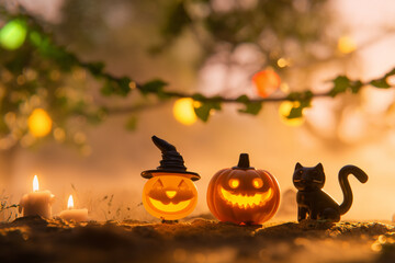 A frightening pumpkin in a cemetery in the Halloween style. Cartoon backgrounds for Halloween. 