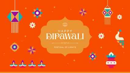 Vibrant Diwali Celebration Background - Orange Festival Design with Diyas, Lanterns, and Floral Elements